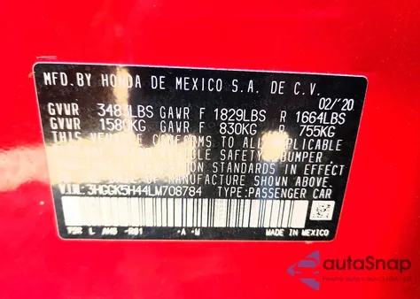 2020 Honda Fit Lx z USA, uszkodzony, nr VIN 3HGGK5H44LM708784